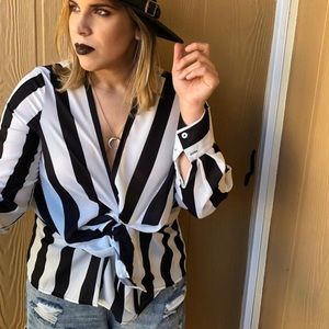 Black And White Stripe Deep V Long Sleeve